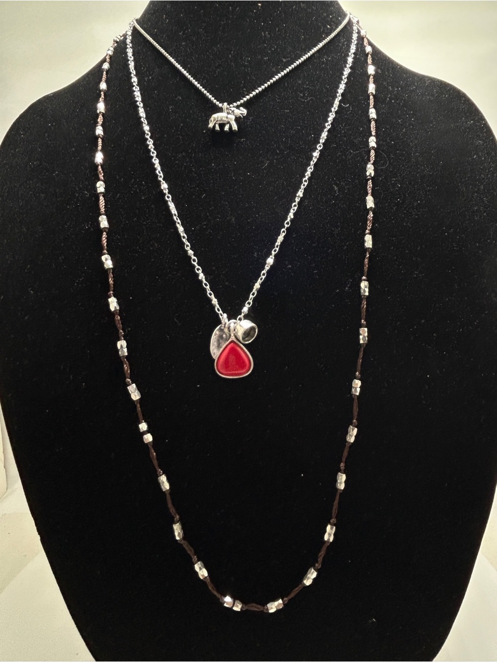 Lucky Brand, Silver & Black Layered  Necklace, Red Carnelian,  Elephant Charms
